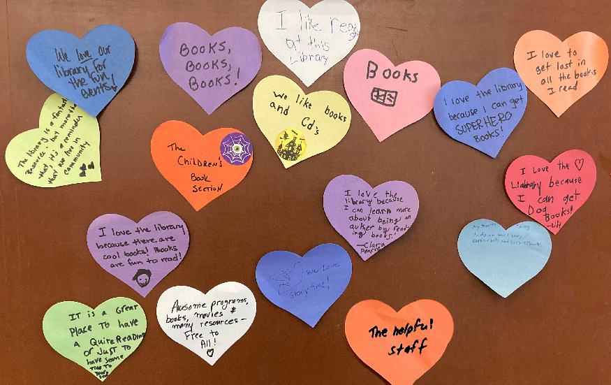 Hearts  where you wrote your love of libraries - Please donate!
